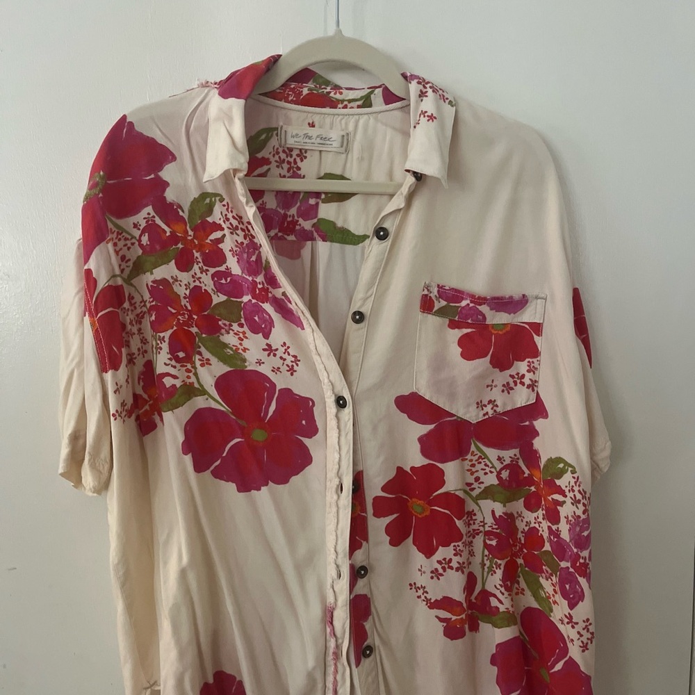 We The Free Cream Button-Up Shirt with Pink & Red Floral Print